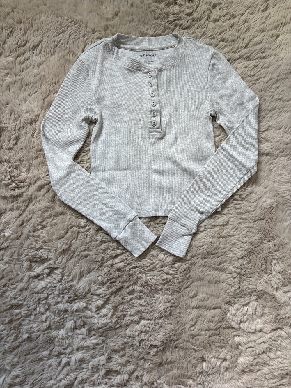 Pink Rose Light Gray Henley Long Sleeve Top